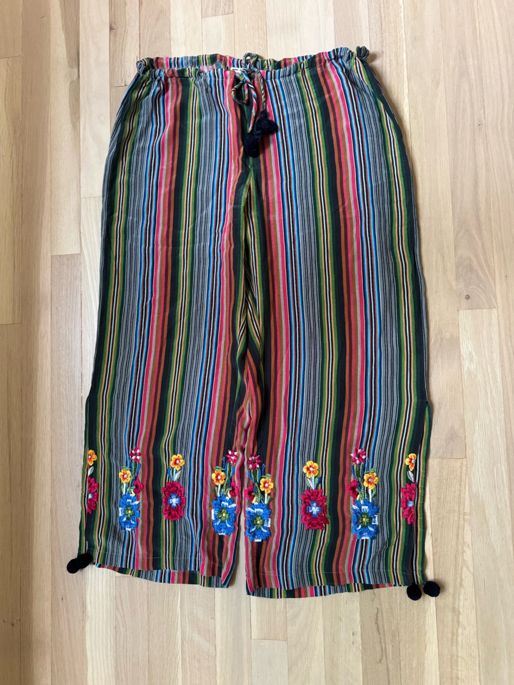 Figue Colorful Multistripe Tie-Waist Silk Pants with Floral Hem L